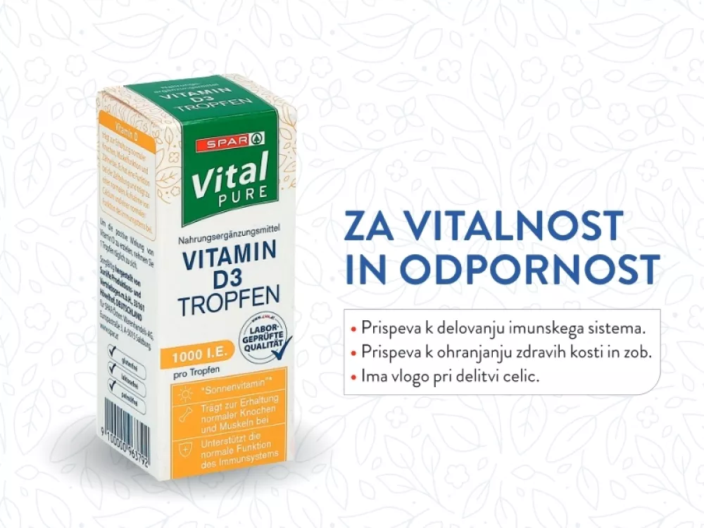 Prehransko dopolnilo SPAR Vital Pure Vitamin D3 je v obliki kapljic, kar omogoča najenostavnej&scaron;e odmerjanje primerne količine. Ker je vitamin D topen v ma&scaron;čobi, se najbolj&scaron;e absorbira, če ga zaužijemo skupaj z obrokom, ki vsebuje določeno količino ma&scaron;čobe (mlečni izdelek, ore&scaron;čki, oljčno olje itd.) ali takoj po obroku. (Foto: Spar Slovenija)