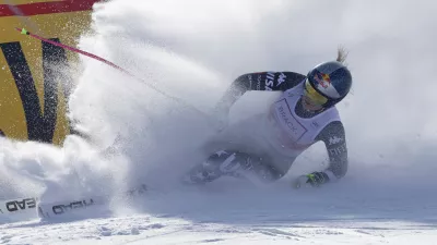 United States' Lindsey Vonn arrives at the finish area of an alpine ski, women's World Cup downhill in St. Moritz, Switzerland, Friday Dec.12, 2025. (AP Photo/Luciano Bisi)