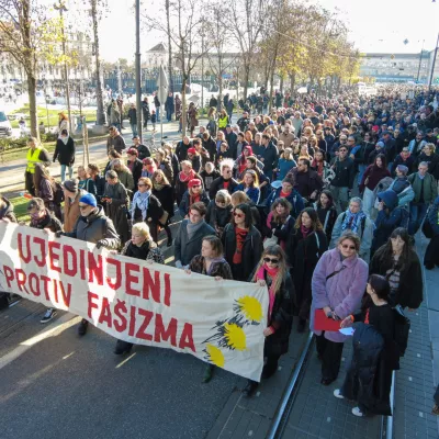 People protest against rising fascism in Croatia, carrying a banner "United against Fascism" in Zagreb, Croatia, November 30, 2025. REUTERS/Antonio Bronic