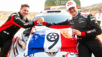 Sébastien Ogier secured his ninth FIA World Rally Championship title after a decisive Asfan surge put the championship in his hands, equalling Sébastien Loeb's record and earning co-driver Vincent Landais his first world crown. Thierry Neuville clinched his first win of the season in Saudi Arabia by 54.7 seconds, while Elfyn Evans missed the title by just four points in one of the closest finishes in recent WRC history. // Sébastien Ogier (FRA) and Vincent Landais (FRA) of team TOYOTA GAZOO RACING WRT celebrate World Rally Championship 2025 title during stop 14 of the World Rally Championship in Jeddah, Saudi Arabia on November 29, 2025. // Jaanus Ree / Red Bull Content Pool via AP Images // For more content, pictures and videos like this please go to http://www.redbullcontentpool.com