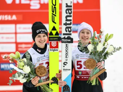 Nika Vodan, SLO, Bib number 52, Nika Prevc, SLO, Bib number 59, Podium Photo, FIS Ski Jumping World Cup, Womens Individual Large Hill, Wisla, Poland, 2025, Photo Credit: action press / Julia Piatkowska, Women's Large Hill HS134 at Viessmann FIS Ski Jumping World Cup 2025-26 in Wisla, Poland, 2025-12-05, Photo Credit: action press / Julia PiatkowskaNo Use Sweden. No Use Germany.