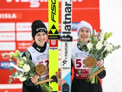 Nika Vodan, SLO, Bib number 52, Nika Prevc, SLO, Bib number 59, Podium Photo, FIS Ski Jumping World Cup, Womens Individual Large Hill, Wisla, Poland, 2025, Photo Credit: action press / Julia Piatkowska, Women's Large Hill HS134 at Viessmann FIS Ski Jumping World Cup 2025-26 in Wisla, Poland, 2025-12-05, Photo Credit: action press / Julia PiatkowskaNo Use Sweden. No Use Germany.