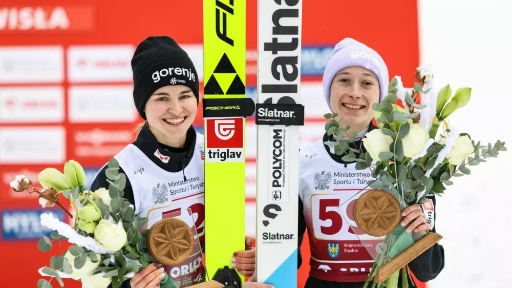 Nika Vodan, SLO, Bib number 52, Nika Prevc, SLO, Bib number 59, Podium Photo, FIS Ski Jumping World Cup, Womens Individual Large Hill, Wisla, Poland, 2025, Photo Credit: action press / Julia Piatkowska, Women's Large Hill HS134 at Viessmann FIS Ski Jumping World Cup 2025-26 in Wisla, Poland, 2025-12-05, Photo Credit: action press / Julia PiatkowskaNo Use Sweden. No Use Germany.