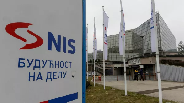 FILE PHOTO: NIS sign outside the headquarters building of Serbian oil company NIS, which is majority owned by the Russian oil producer Gazprom Neft, in Belgrade, Serbia, January 15, 2025. REUTERS/Djordje Kojadinovic/File Photo