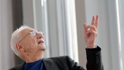 FILE - American architect Frank Gehry speaks to journalists during the press day of his latest creation, the Louis Vuitton Foundation art museum and cultural center, in Paris, Oct. 17, 2014. (AP Photo/Christophe Ena, File)