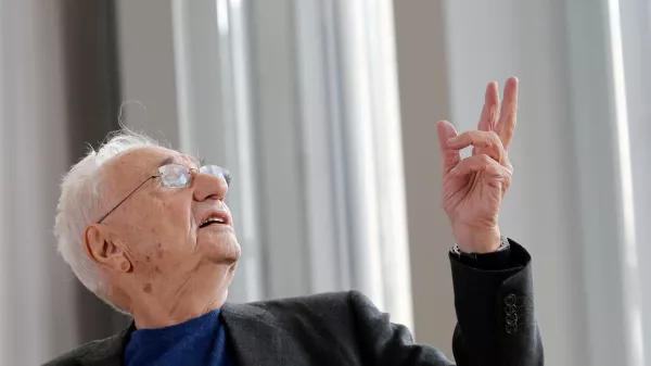 FILE - American architect Frank Gehry speaks to journalists during the press day of his latest creation, the Louis Vuitton Foundation art museum and cultural center, in Paris, Oct. 17, 2014. (AP Photo/Christophe Ena, File)