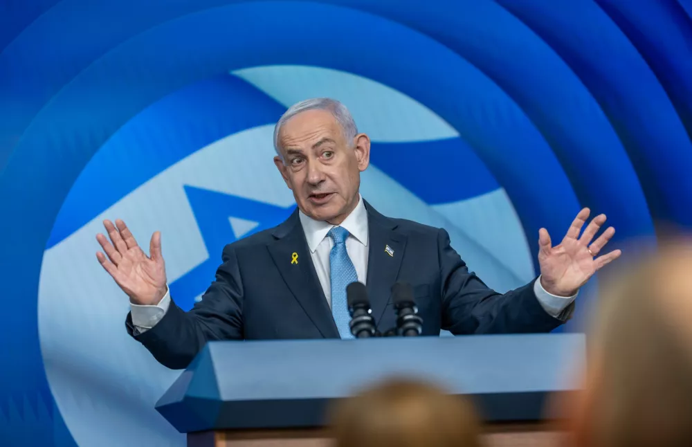 12 July 2025, ---, Jerusalem: Benjamin Netanyahu, Prime Minister of Israel, speaks at the press conference after the talks at the seat of government. Merz's inaugural visit to Israel will focus on stabilizing the ceasefire in Gaza, the ongoing peace process and German-Israeli relations. Photo: Michael Kappeler/dpa