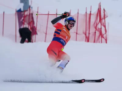 Switzerland's Marco Odermatt reacts at the finish line during a World Cup men's giant slalom skiing race, Sunday, Dec. 7, 2025, in Beaver Creek, Colo. (AP Photo/John Locher)