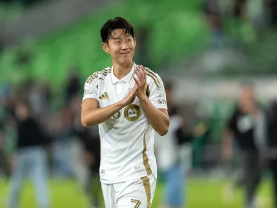 FILE - Los Angeles FC forward Son Heung-Min (7) celebrates a win against over Austin FC during Game 2 in the first round of MLS soccer's Western Conference playoffs on Nov. 2, 2025, in Austin, Texas. (AP Photo/Stephen Spillman, File)