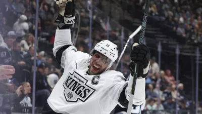 Dec 8, 2025; Salt Lake City, Utah, USA; Los Angeles Kings center Anze Kopitar (11) celebrates after scoring a goal against the Utah Mammoth during the third period at Delta Center. Mandatory Credit: Rob Gray-Imagn Images