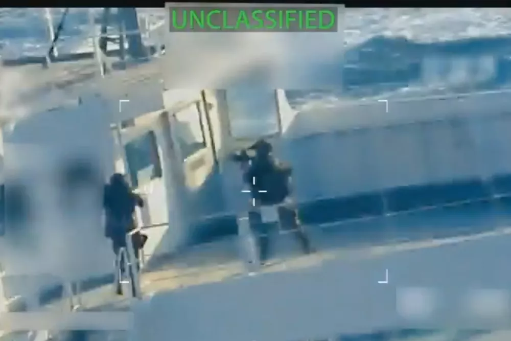 This image from video posted on Attorney General Pam Bondi's X account, and partially redacted by the source, shows an oil tanker being seized by U.S. forces off the coast of Venezuela, Wednesday, Dec. 10, 2025. (U.S. Attorney General's Office/X via AP)