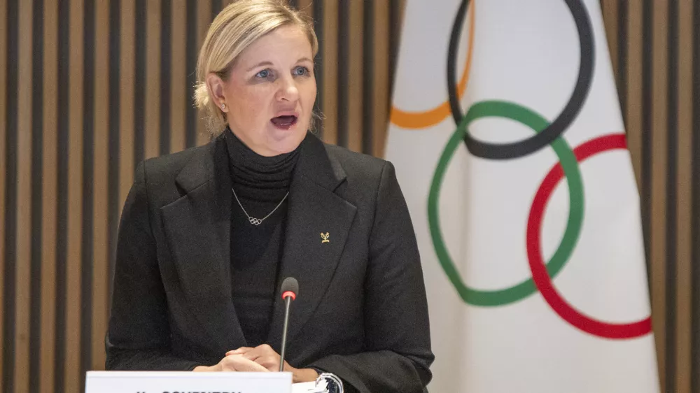 09 December 2025, Switzerland, LausanneIOC President, Kirsty Coventry speaks in a press conference was to present the upcoming Cortina d'Ampezzo 2026 Winter Olympics at IOC Executive Bord Meeting 2025 (International Olympic Committee) and took place at IOC Headquarters in Lausanne. PhotoEric Dubost/ZUMA Press Wire/dpa