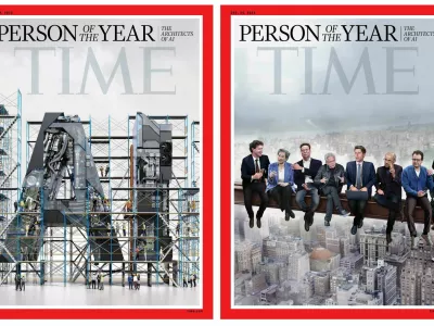 The two covers of Time magazine's 2025 Person of the Year issue with an illustration by Peter Crowther (left) depicting Jensen Huang, President and CEO of Nvidia; Elon Musk, xAI; Dario Amodei, CEO of Anthropic; Lisa Su, CEO of AMD; Mark Zuckerberg, CEO of Meta; Demis Hassabis, CEO of DeepMind Technologies; Fei-Fei Li, Co-Director of Stanford University's Human-Centered AI Institute and CEO of World Labs; and Sam Altman, CEO of Open AI, and a painting by Jason Seiler (right) depicting the same people, in this undated handout combination image obtained by Reuters on December 11, 2025. TIME/TIME Person of the Year/Handout via REUTERS THIS IMAGE HAS BEEN SUPPLIED BY A THIRD PARTY. MANDATORY CREDIT. NO RESALES. NO ARCHIVES. PLEASE SHOW ALL FOUR CORNERS OF TIME'S RED BORDER AND DO NOT ALTER IT IN ANY WAY.   TPX IMAGES OF THE DAY