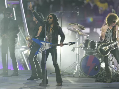 Lenny Kravitz performs before the Champions League final soccer match between Borussia Dortmund and Real Madrid at Wembley stadium in London, Saturday, June 1, 2024. (AP Photo/Dave Shopland)