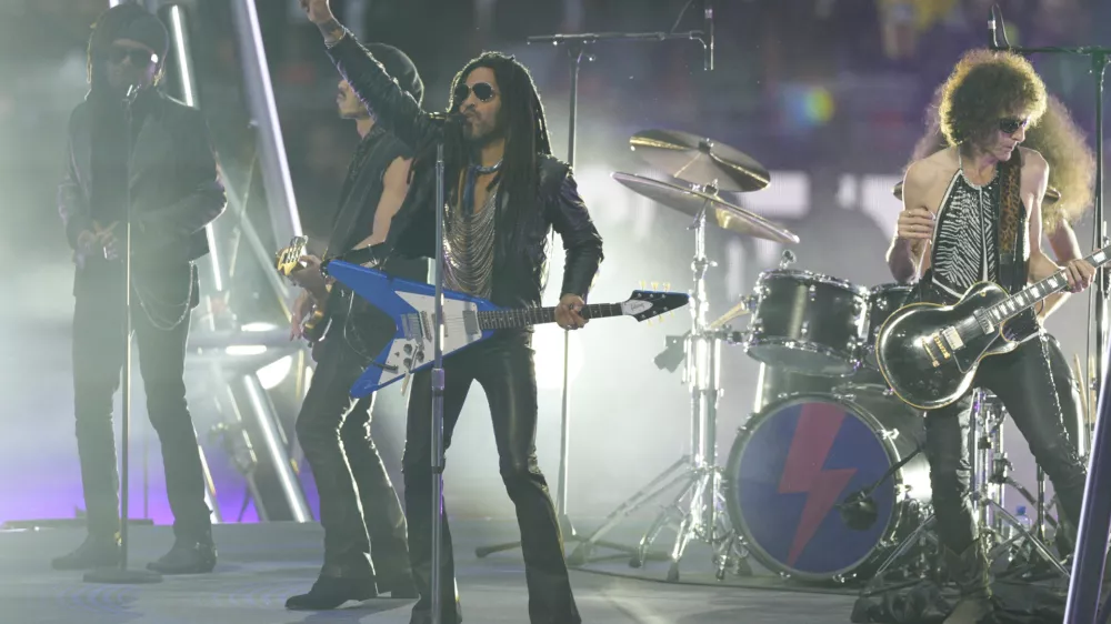 Lenny Kravitz performs before the Champions League final soccer match between Borussia Dortmund and Real Madrid at Wembley stadium in London, Saturday, June 1, 2024. (AP Photo/Dave Shopland)