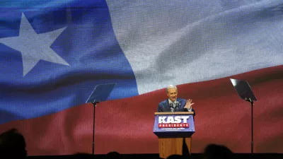 Presidential candidate Jose Antonio Kast, of the opposition Republican Party, celebrates winning the presidential runoff election in Santiago, Chile, Sunday, Dec. 14, 2025. (AP Photo/Esteban Felix)
