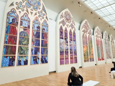 FRANCE, PARIS - DECEMBER 10, 2025: The designs for six new stained-glass windows for the cathedral of Notre Dame on display at the Grand Palais,Image: 1058146582, License: Rights-managed, Restrictions: * Switzerland And Russia Rights Out *, Model Release: no