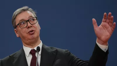 Serbian President Aleksandar Vucic speaks to the media during a joint news conference with European Commission President Ursula von der Leyen at the Serbia Palace in Belgrade, Serbia, Wednesday, Oct. 15, 2025. (AP Photo/Darko Vojinovic)