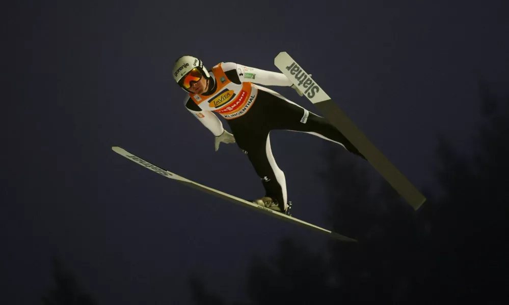 Ski Jumping - FIS Ski Jumping World Cup - Klingenthal, Germany - December 13, 2025 Slovenia's Domen Prevc in action during the first round REUTERS/Lisi Niesner
