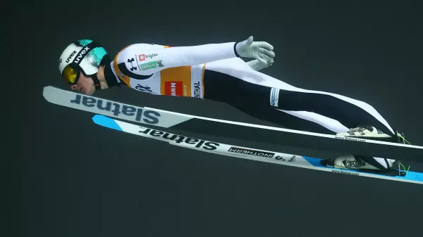 Ski Jumping - FIS Ski Jumping World Cup - Klingenthal, Germany - December 14, 2025 Slovenia's Domen Prevc in action during the first round REUTERS/Lisi Niesner