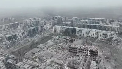 A drone view shows damaged buildings, amid Russia's attack on Ukraine, in Myrnohrad, Donetsk Region, Ukraine, in this still image obtained from a video released on December 15, 2025. Obtained by Reuters/via REUTERS THIS IMAGE HAS BEEN SUPPLIED BY A THIRD PARTY. VERIFICATION: Reuters was able to verify the location as Myrnohrad from the buildings and road layout seen in the video which matched satellite imagery of the area. The date when the video was filmed could not be independently verified.