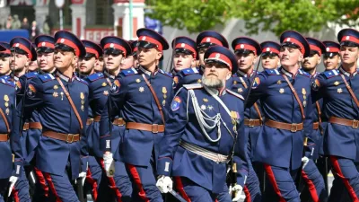 Russian Don Cossack soldiers march past the review stand during the annual Victory Day military parade through Red Square, May 9, 2025, in Moscow, Russia.Russia Celebrates 80th Anniversary Of Victory Over Nazi Germany In World War II, Moscow, Moscow Oblast - 09 May 2025,Image: 998679553, License: Rights-managed, Restrictions: ***HANDOUT image or SOCIAL MEDIA IMAGE or FILMSTILL for EDITORIAL USE ONLY! * Please note: Fees charged by Profimedia are for the Profimedia's services only, and do not, nor are they intended to, convey to the user any ownership of Copyright or License in the material. Profimedia does not claim any ownership including but not limited to Copyright or License in the attached material. By publishing this material you (the user) expressly agree to indemnify and to hold Profimedia and its directors, shareholders and employees harmless from any loss, claims, damages, demands, expenses (including legal fees), or any causes of action or allegation against Profimedia arising out of or connected in any way with publication of the material. Profimedia does not claim any copyright or license in the attached materials. Any downloading fees charged by Profimedia are for Profimedia's services only. * Handling Fee Only ***, Model Release: no