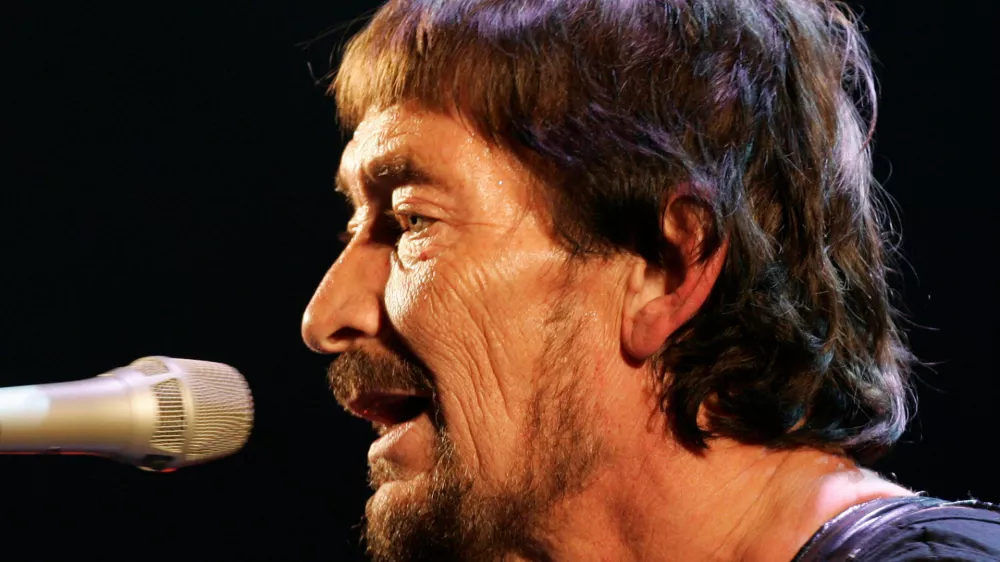 FILE - British rock musician Chris Rea performs during his first German concert of "The Return of the Fabulous Bluenotes" tour in Munich, Germany, on Feb. 7, 2008. (AP Photo/Christof Stache, File)