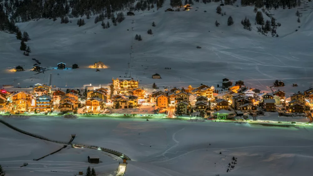 Alpine Ski Resort At Night, Winter Scenery, Livigno, Italy