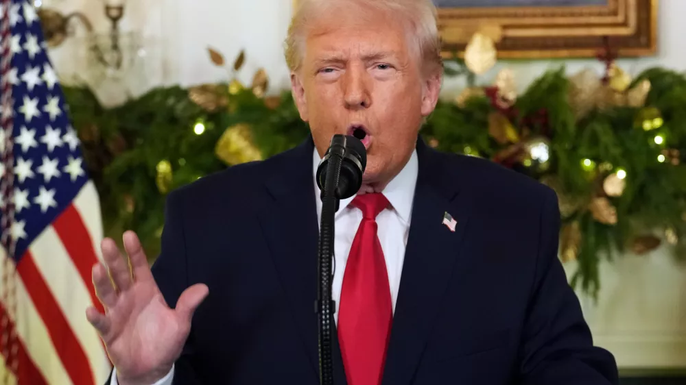 President Donald Trump speaks during an address to the nation from the Diplomatic Reception Room at the White House, Wednesday, Dec. 17, 2025, in Washington. (Doug Mills/The New York Times via AP, Pool)