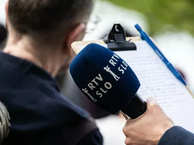 May 11, 2024, MalmĂ, SkĂĄNe, Sweden: Microphone of RTV Slovenija (Radio-Television of Slovenia) ahead of the Eurovision Song Contest Grand Final, near MalmĂ&para; Arena in MalmĂ,Image: 952001978, License: Rights-managed, Restrictions:, Model Release: no