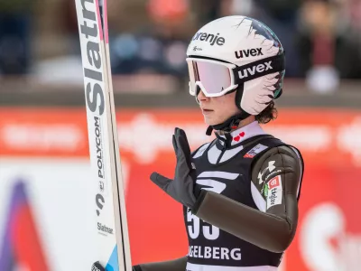 Nika Prevc of Slovenia during the women's FIS Ski Jumping World Cup competition at the Gross-Titlis Schanze, Sunday, Dec. 21, 2025 in Engelberg, Switzerland. (Urs Flueeler /Keystone via AP)