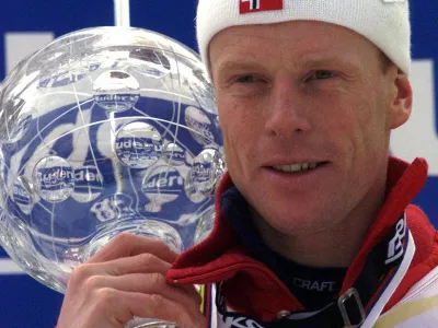 Norwegian ski ace Bjoern Daehlie, shown in this March 20 1999 photo, the world's leading cross-country skier, will miss this year's season due to a back operation, his manager announced in Oslo, Thursday Nov. 11, 1999.(AP Photo/ Knut Falch/Scanpix)