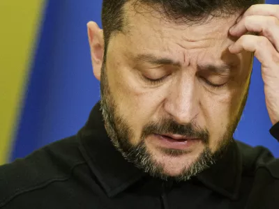 Ukraine's President Volodymyr Zelenskyy speaks during a joint press conference with European Parliament President Roberta Metsola in Kyiv, Ukraine, Wednesday, Sept. 17, 2025. (AP Photo/Evgeniy Maloletka)