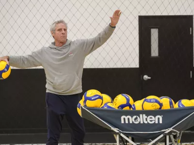 U.S. Women's National Team Head Coach Karch Kiraly coaches during the USA Volleyball Spring Training Camp at Open Gym Premier in Anaheim, Calif., on March 12, 2024. (AP Photo/Damian Dovarganes)