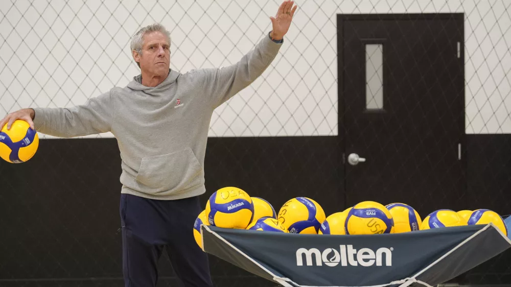 U.S. Women's National Team Head Coach Karch Kiraly coaches during the USA Volleyball Spring Training Camp at Open Gym Premier in Anaheim, Calif., on March 12, 2024. (AP Photo/Damian Dovarganes)