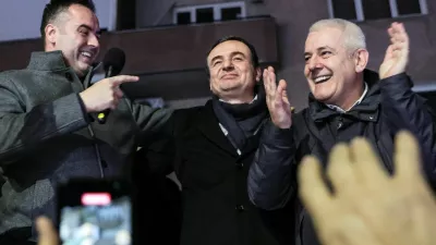 Kosovo's Prime Minister and Levizja Vetevendosje (Movement for Self-Determination) party leader Albin Kurti celebrates with supporters after his party won more than half of the votes in a snap parliamentary election, nearly a year after a political deadlock that prevented the formation of a new government, in Pristina, Kosovo, December 28, 2025. REUTERS/Valdrin Xhemaj   TPX IMAGES OF THE DAY