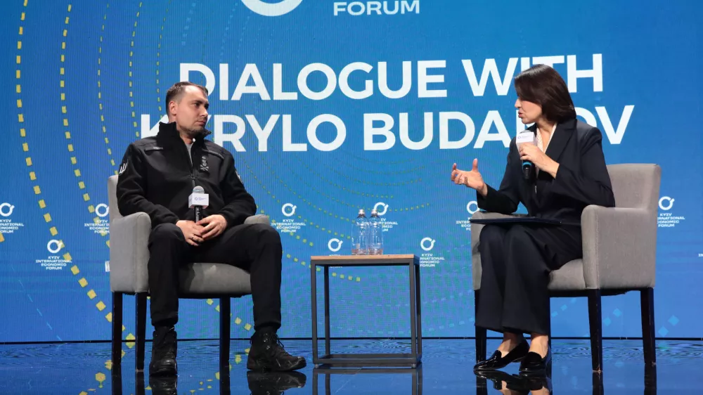 Chief of the Defence Intelligence of Ukraine, Kyrylo Budanov, and moderator Nataliia Moseichuk, anchor for TSN and author of the YouTube project ''Moseichuk+'', participate in the 11th Kyiv International Economic Forum in Kyiv, Ukraine, on October 16, 2025. The topic of this year's convention is ''Ukraine 2.0: The Power of People''. (Photo by Volodymyr Tarasov/Ukrinform/NurPhoto)NO USE FRANCE