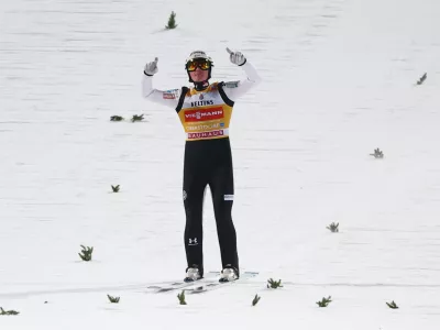 Ski Jumping - Four Hills Tournament - Oberstdorf, Germany - December 29, 2025 Slovenia's Domen Prevc reacts after the final round REUTERS/Kai Pfaffenbach
