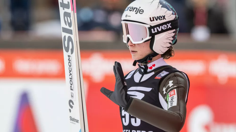 Nika Prevc of Slovenia during the women's FIS Ski Jumping World Cup competition at the Gross-Titlis Schanze, Sunday, Dec. 21, 2025 in Engelberg, Switzerland. (Urs Flueeler /Keystone via AP)