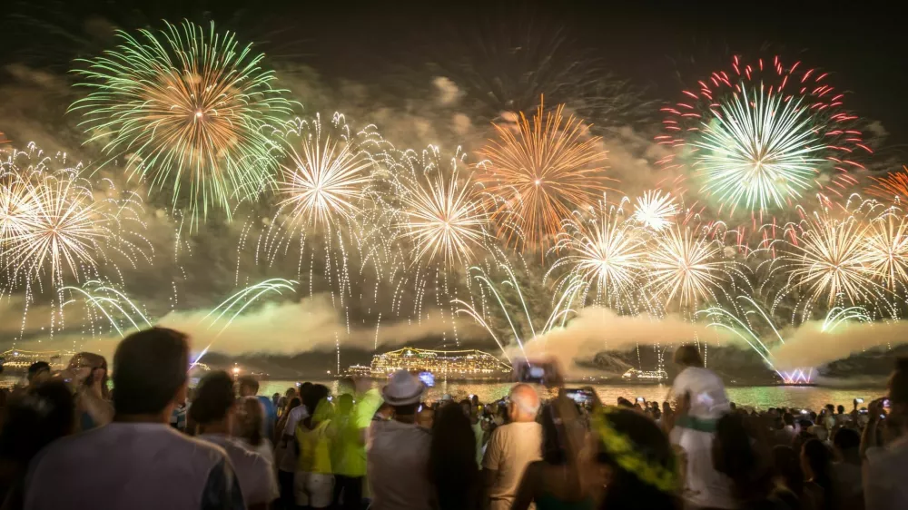 New Year's celebration in Copacabana, Rio de Janeiro, during the world famous fifteen minutes fireworks burning.