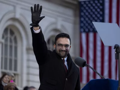 01 January 2026, US, New York City: Zohran Mamdani gestures towards the crowd after being sworn in as the 112th Mayor of New York City during an inauguration ceremony at City Hall. Photo: Matthew Hoen/ZUMA Press Wire/dpa