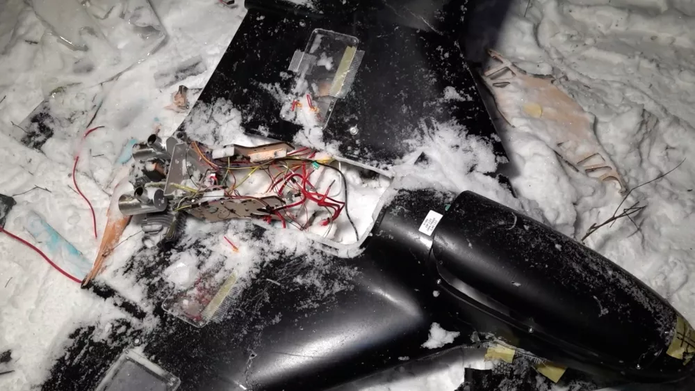 This image made from undated video provided by the Russian Defense Ministry Press Service on Wednesday, Dec. 31, 2025, shows a downed drone at an undisclosed location that it said was one of the Ukrainian drones involved in an alleged attack on a residence of President Vladimir Putin this week &ndash; a claim Kyiv has denied as a "lie". (Russian Defense Ministry Press Service via AP)