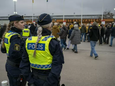 H&Auml;LLEVIK 2025-11-09 Police on site ahead of Sunday's football match in the last round of the Allsvenskan between Mj&auml;llby AIF and BK H&auml;cken at Strandvallen.Allsweden Mj&auml;llby Hedgehog, H&auml;llevik, Sweden - 09 Nov 2025,Image: 1051380611, License: Rights-managed, Restrictions:, Model Release: no