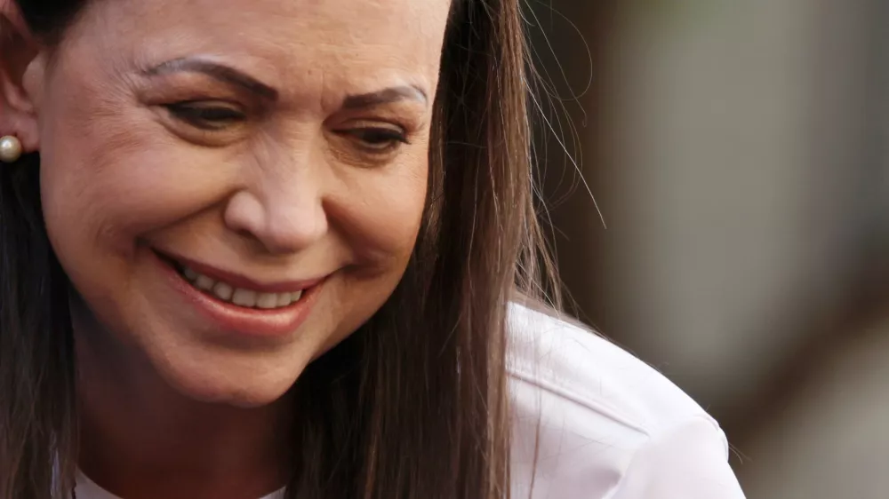 FILED - 09 January 2025, Venezuela, Caracas: Venezuelan opposition leader Maria Corina Machado leads a demonstration against the re-inauguration of authoritarian President Maduro this Friday. Photo: Jesus Vargas/dpa