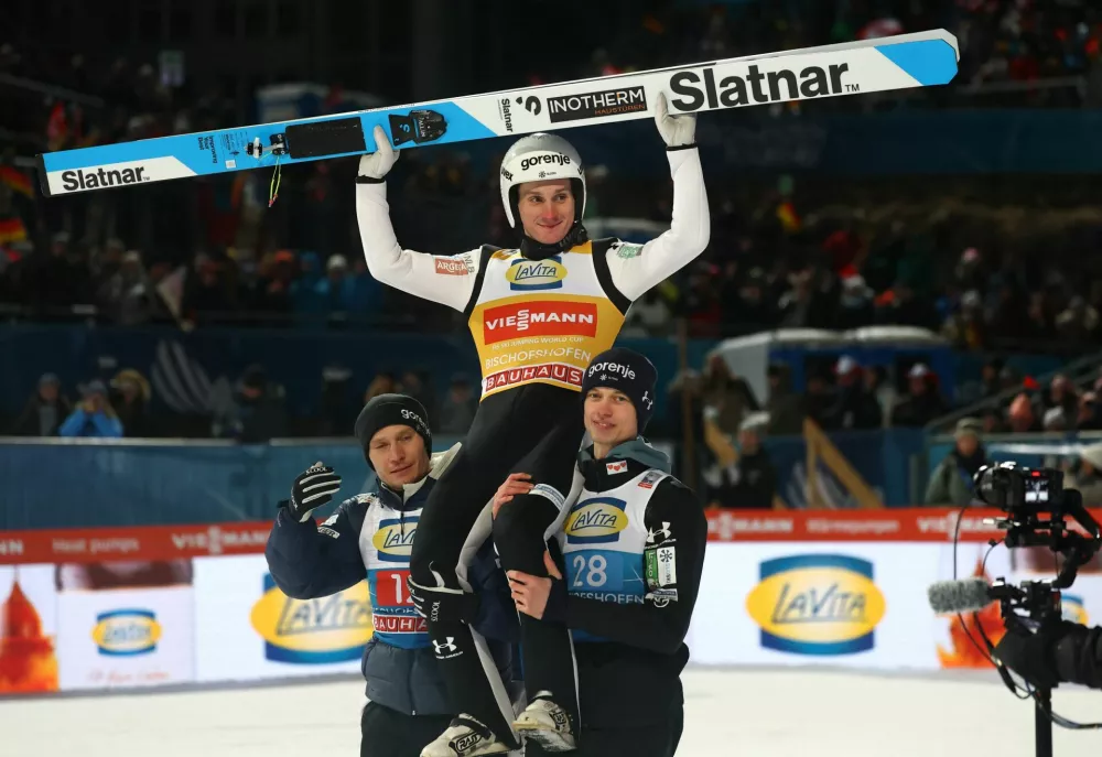 Ski Jumping - Four Hills Tournament - Bischofshofen, Austria - January 6, 2026 Slovenia's Domen Prevc celebrates winning the Four Hills tournament REUTERS/Kai Pfaffenbach