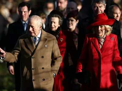 Britain's King Charles III and Britain's Queen Camilla (2R) lead Jack Brooksbank (L), Britain's Princess Anne, Princess Royal, Britain's Princess Eugenie of York, Vice Admiral Timothy Laurence and Britain's Prince Edward, Duke of Edinburgh and others as they arrive for the Royal Family's traditional Christmas Day service at St Mary Magdalene Church on the Sandringham Estate in eastern England, on December 25, 2025.,Image: 1061559698, License: Rights-managed, Restrictions:, Model Release: no