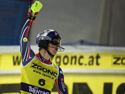 France's Clement Noel reacts at the finish line during an alpine ski, men's World Cup slalom, in Madonna di Campiglio, Italy, Wednesday, Jan. 7, 2026.(AP Photo/Marco Trovati)