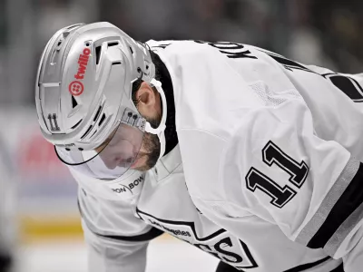Dec 15, 2025; Dallas, Texas, USA; Los Angeles Kings center Anze Kopitar (11) looks down during the third period against the Dallas Stars at the American Airlines Center. Mandatory Credit: Jerome Miron-Imagn Images