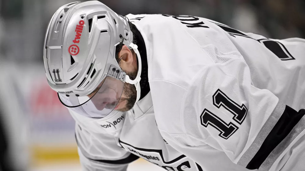 Dec 15, 2025; Dallas, Texas, USA; Los Angeles Kings center Anze Kopitar (11) looks down during the third period against the Dallas Stars at the American Airlines Center. Mandatory Credit: Jerome Miron-Imagn Images