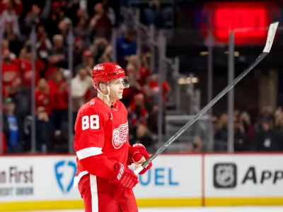 Jan 8, 2026; Detroit, Michigan, USA; Detroit Red Wings right wing Patrick Kane (88) celebrates after he scores his 500 career goal in the third period against the Vancouver Canucks at Little Caesars Arena. Mandatory Credit: Rick Osentoski-Imagn Images